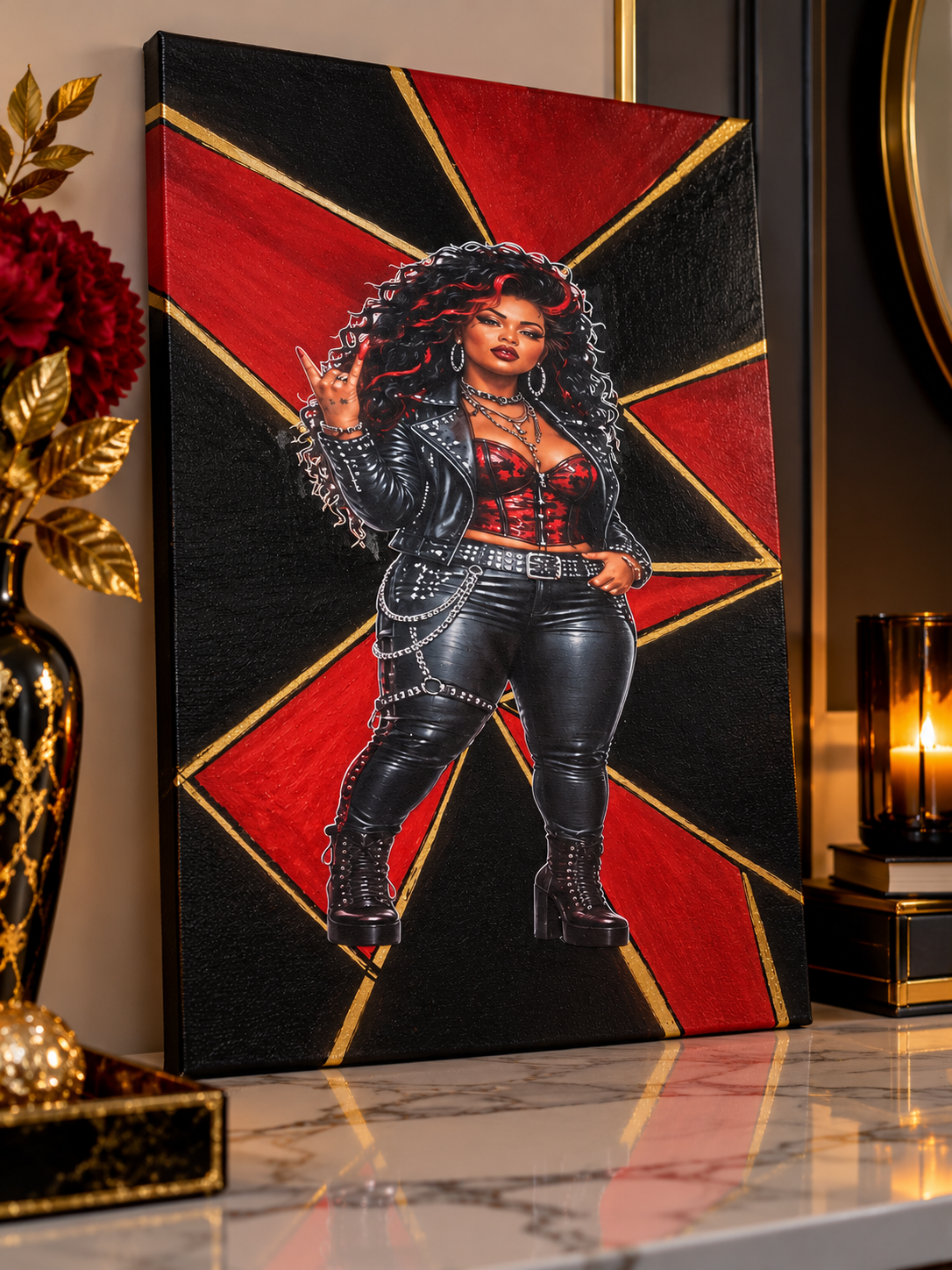 Rock-inspired red, black and gold canvas artwork displayed in a stylish interior with decorative accessories.