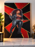 Unapologetically Bold handmade 12×16 canvas painting featuring a woman in black leather fashion against a red, black and gold geometric background.