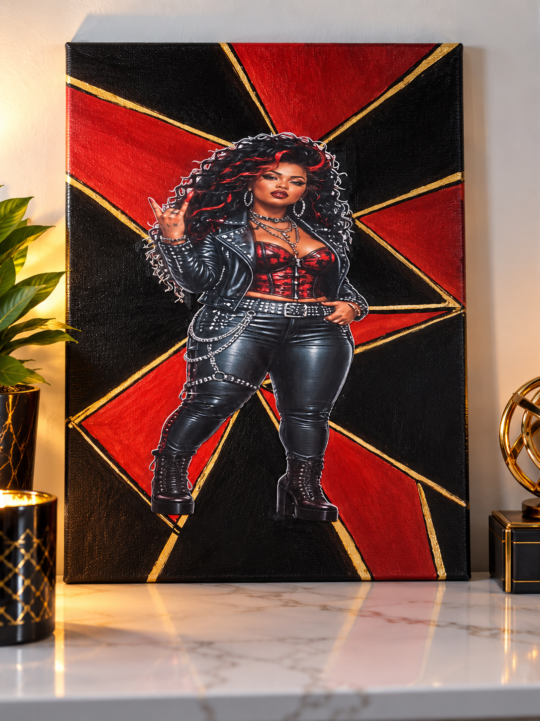 Unapologetically Bold handmade 12×16 canvas painting featuring a woman in black leather fashion against a red, black and gold geometric background.