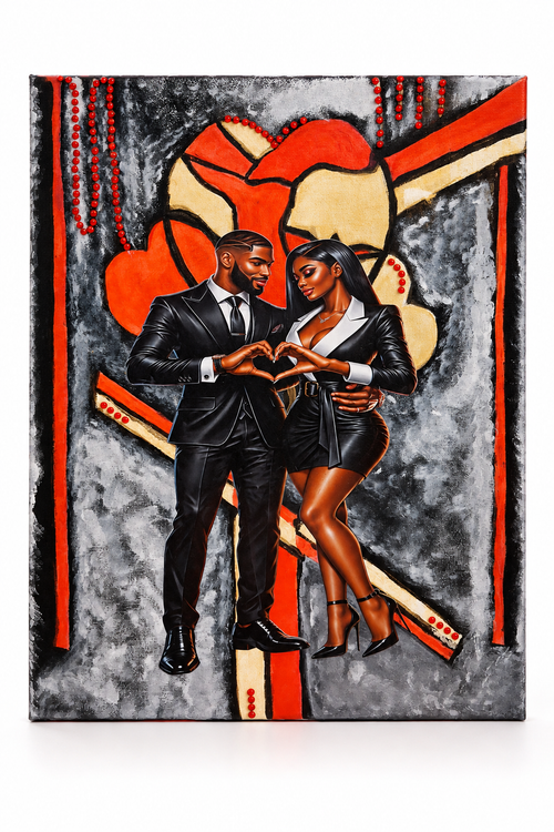 Black Love vertical canvas showing a couple forming a heart with their hands against red and gold hearts and a black-and-gray background