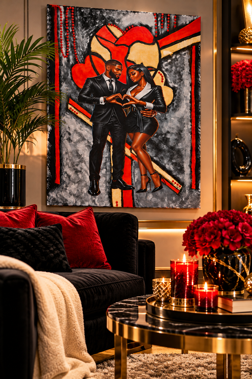 Black Love canvas above a console with red candles in a digitally staged lounge, not to scale