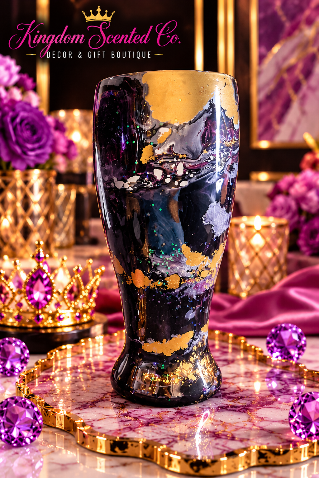Midnight Gold — Abstract Marbled Decorative Flower Vase