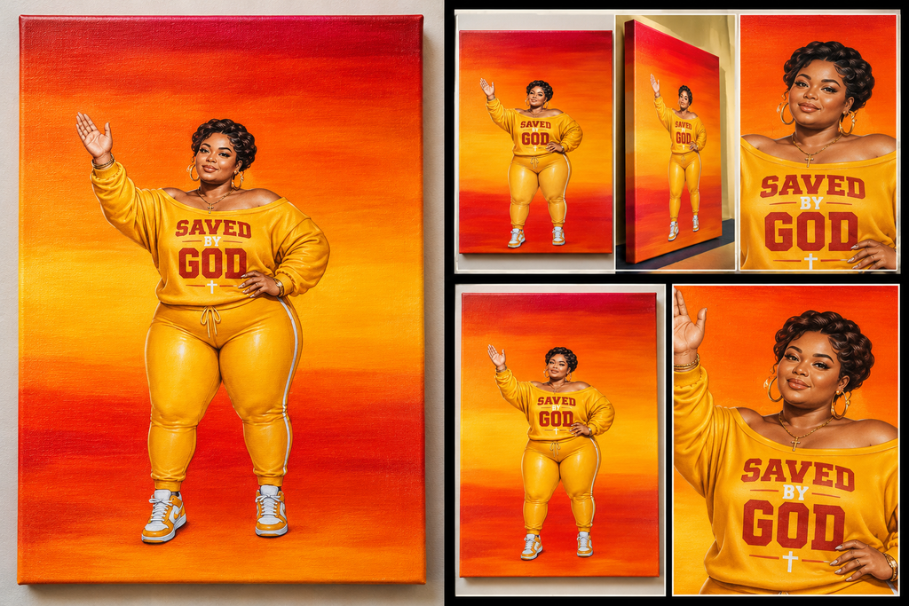 Close-up of handmade orange and yellow Christian canvas painting featuring a woman wearing a Saved by God outfit.