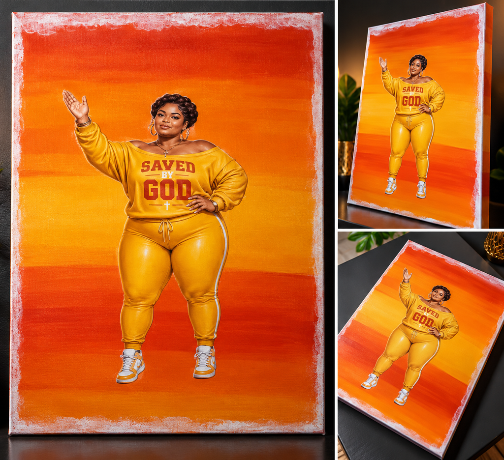 Saved by God 12×16 handmade Christian canvas painting featuring a woman in a yellow outfit raising her hand against a vibrant orange background.