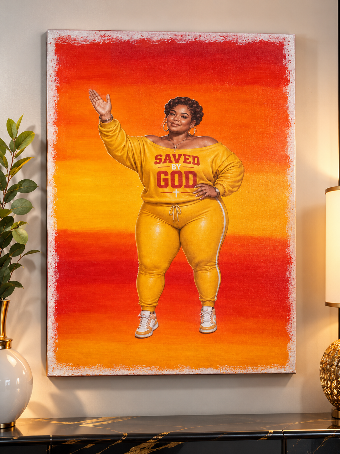 Faith-inspired Saved by God canvas artwork displayed on a wall above a decorative console table.