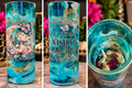 Three-view collage of a turquoise marbled cylindrical decorative vase with pink flowers, butterflies, gold-toned accents and Dream It Wish It Do It lettering