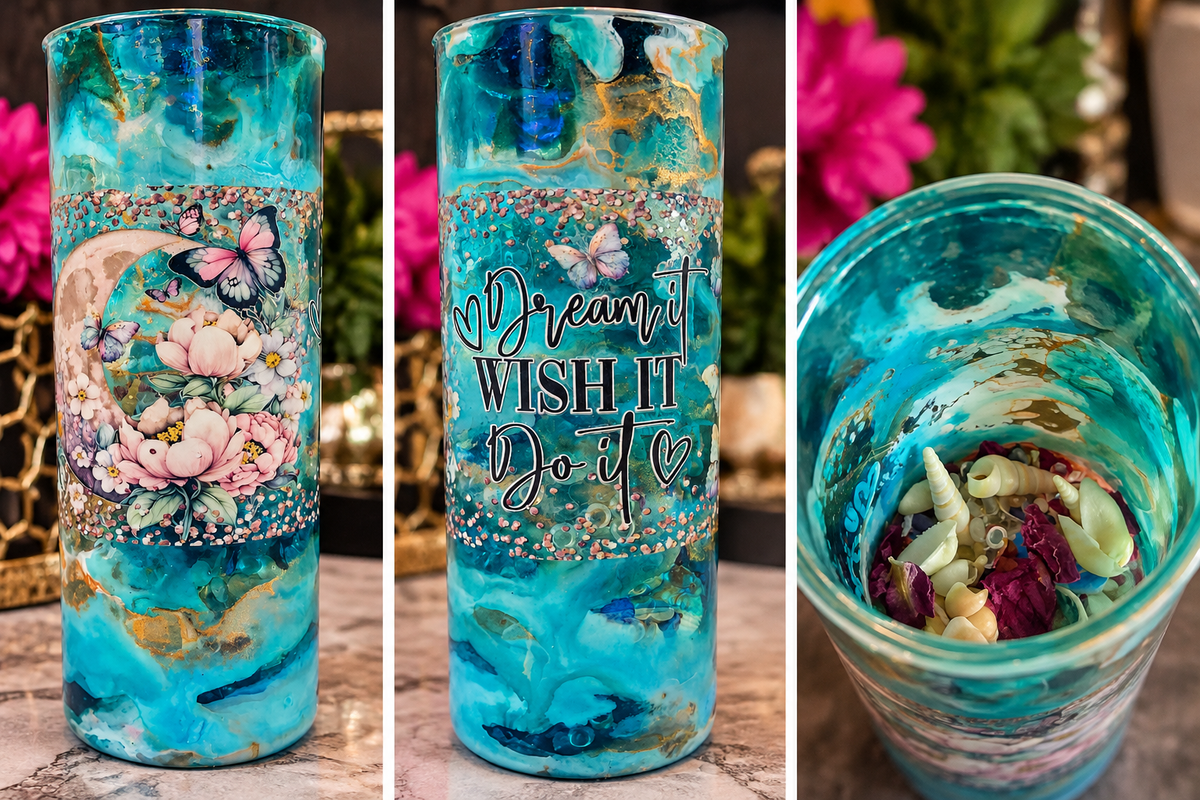 Three-view collage of a turquoise marbled cylindrical decorative vase with pink flowers, butterflies, gold-toned accents and Dream It Wish It Do It lettering
