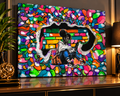 Lost in the Colors 20×16 handmade graffiti canvas painting featuring a seated young woman with a phone surrounded by vibrant multicolored street art.