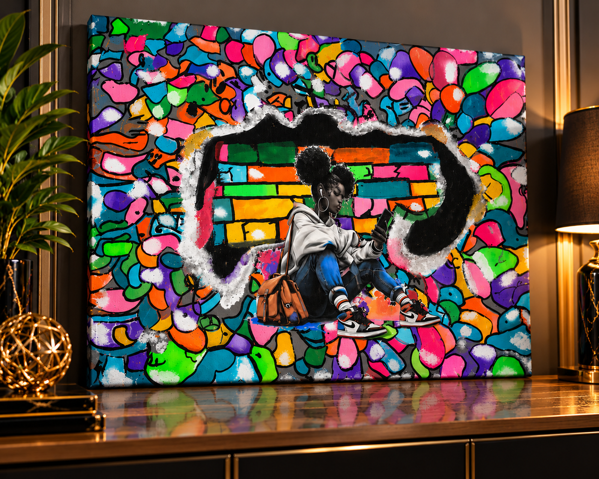 Lost in the Colors 20×16 handmade graffiti canvas painting featuring a seated young woman with a phone surrounded by vibrant multicolored street art.